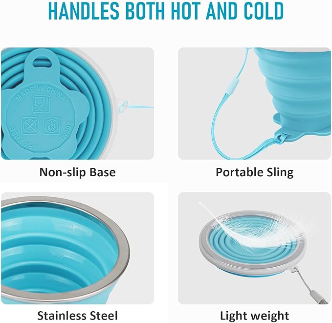 JBER Silicone Collapsible Travel Cup, Silicone Folding Camping Cup with Lids Expandable Drinking Cup for Outdoor Hiking Travel