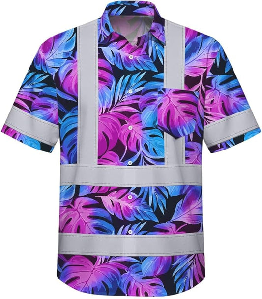 High Visibility Hawaiian Shirt for Men Tropical Shirts Custom Name Floral Outfit Reflective Safety Workwear