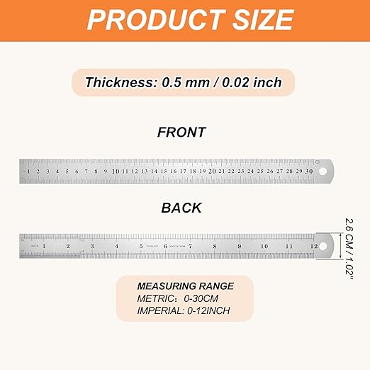 HARFINGTON 12 Pcs Steel Ruler 12" x1-1/32 Machinist Metal Ruler Carbon Steel Metric Straight Edge Measuring Tools 0.4mm Thick for Engineering Architect Drawing Home Office