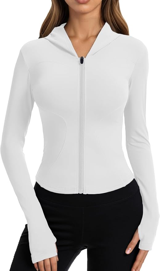 Women Bbl Jackets with Hood Compression Workout Tops Lined or Unlined Lightweight Yoga Gym Jacket with Thumb Hole
