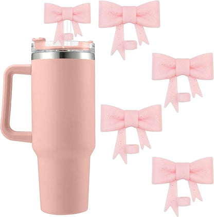4Pcs Silicone Straw Toppers Covers for Stanley Cups 40/30oz 10mm(0.4in) Shiny Pink Dust-Proof Bow Straw Covers Toppers Suitbale for Stanley Cup Accessories Reusable Straws Caps