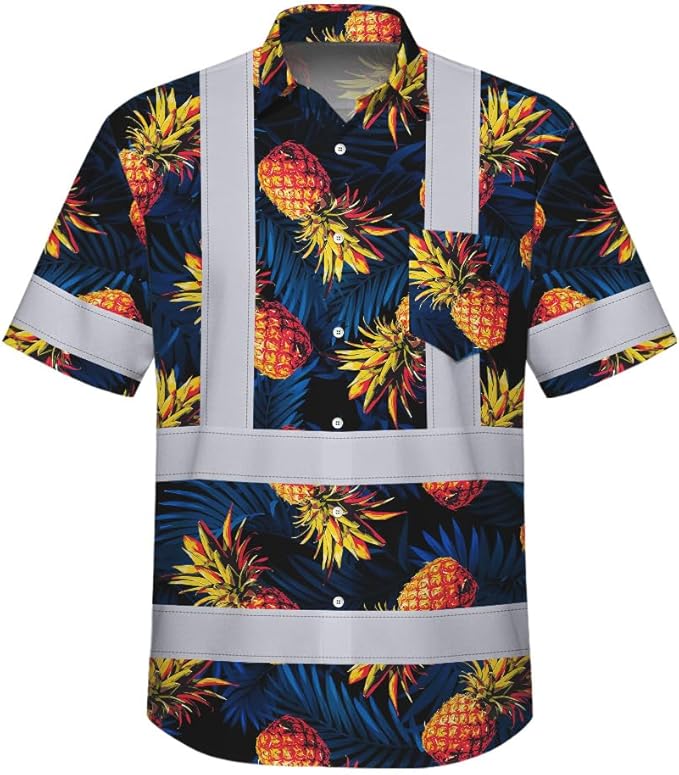 High Visibility Hawaiian Shirt for Men Tropical Shirts Custom Name Floral Outfit Reflective Safety Workwear