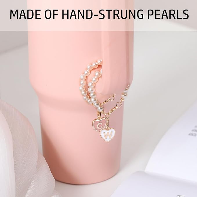Pink Bow Stanley Straw Topper, 2pcs Pearl Chain for Stanley Cup Accessories Initial Letter Charms Handle with 2pcs Straw covers for Water Bottle Jewelry Tumbler Personalized Decorations Tag M