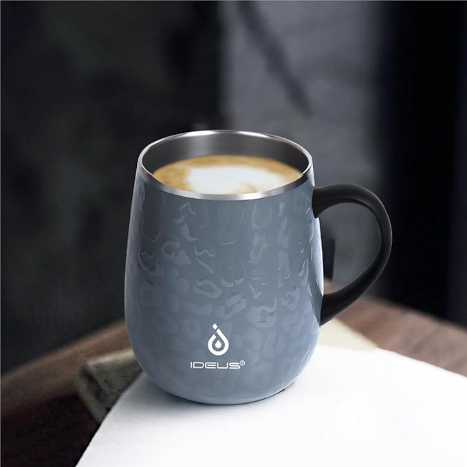 Ideus 16 oz Insulated Coffee Mug with Handle and Lid, Double Wall Stainless Steel Vacuum Thermal Coffee Mug, Travel Coffee Cup Thermal Cup for Home and Office, Leopard Gray