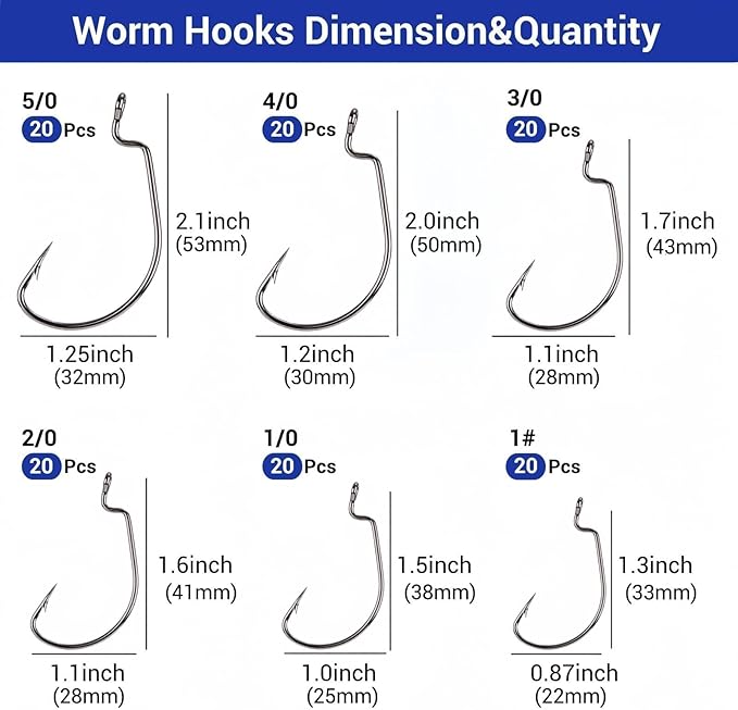 120Pcs Bass Hooks Set, Strong Offset Bass Fishing Hooks Freshwater Barbed Sharp Worm Hooks for Texas Rigging Fishing Extra Wide Gap 6 Sizes Assorted #1 1/0 2/0 3/0 4/0 5/0