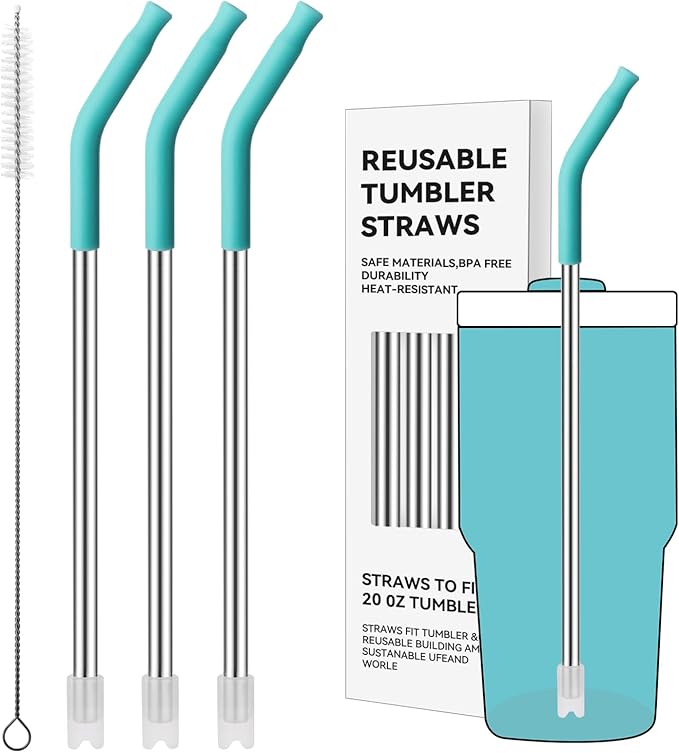Reusable Metal Straws with Silicone Tip for Stanley 20oz,Stainless Steel Drinking Straws for 20oz Tumbler,3 Straight Tubes & 6 Tips& 1 Cleanr Brush(Jade)