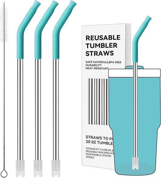 Reusable Metal Straws with Silicone Tip for Stanley 20oz,Stainless Steel Drinking Straws for 20oz Tumbler,3 Straight Tubes & 6 Tips& 1 Cleanr Brush(Jade)