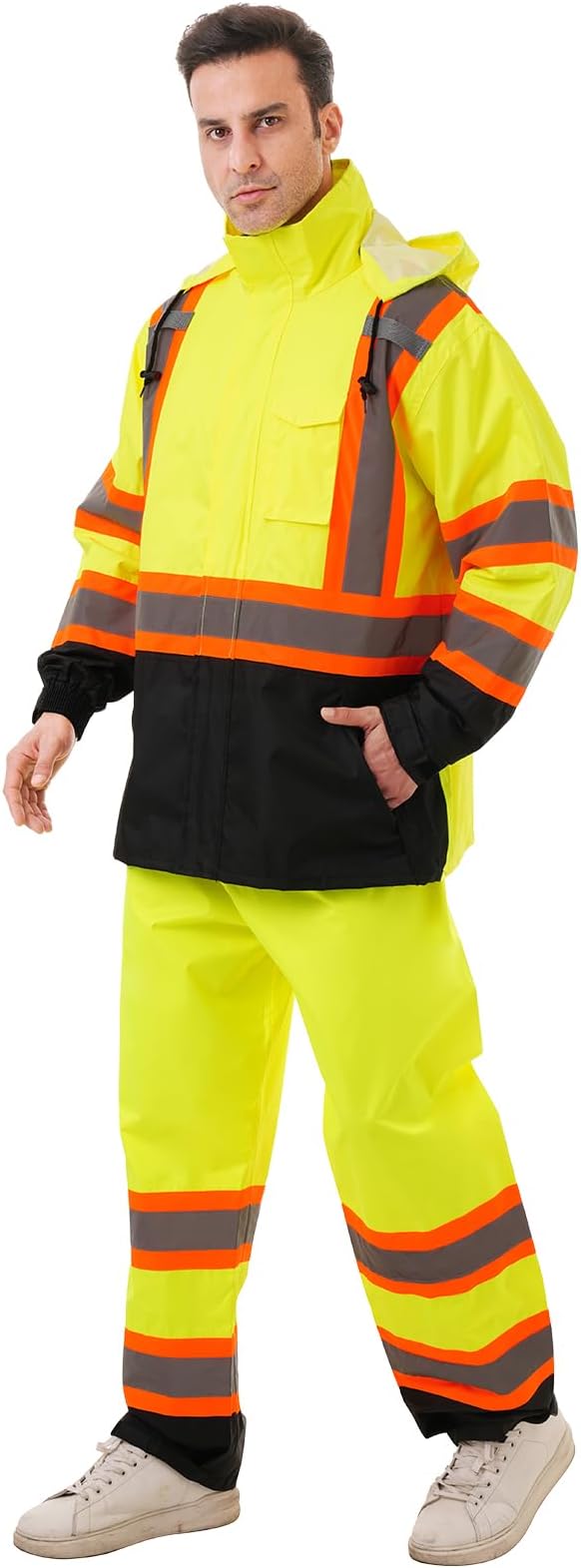 Hi Vis Safety rain Jacket，Reflective Class 3 Rain coat with Inner Mesh Lining and Pockets High Visibility Waterproof work Rain Suits for men&women（Yellow,SM/MD）