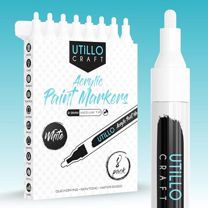 Utillo Craft (8-Pack White Paint Pens | Medium Tip Made in Japan | Bold Color+100% Coverage on Rock, Wood, Fabric, Glass, Paper, Plastic, Metal, Canvas | 2-3mm White Acrylic Paint Markers