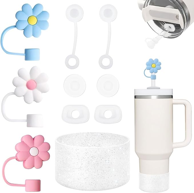 Stanley Cup Accessories Set Including 6 Pcs Silicone Spill Proof Stopper, 3 Pcs 10mm Flower Straw Cover Cap, 1 Pcs Bling Silicone Boot Sleeve for Stanley Cup 40oz & 30oz Tumbler