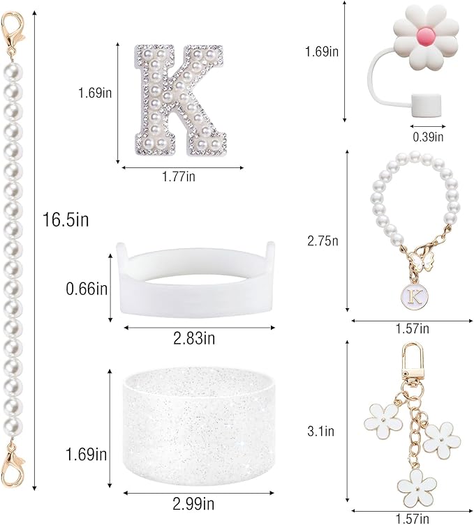 Cup Accessories Set for Stanley- Including Water Bottle Carrying Pearl Strap, Handle Letter Charms Sticker, Siliocne Cup Boot Straw Cover for Stanley 40oz & 30oz Tumbler Accessory Kit-K