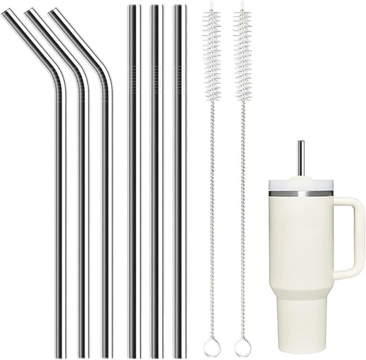 6 Pack Stainless Steel Straw Replacement 40 oz and 30 oz for Stanley Tumbler，3 Straight+3 Bent Reusable Straws with 2 Cleaning Brush Compatible with Stanley 40oz Stanley Cup Tumbler