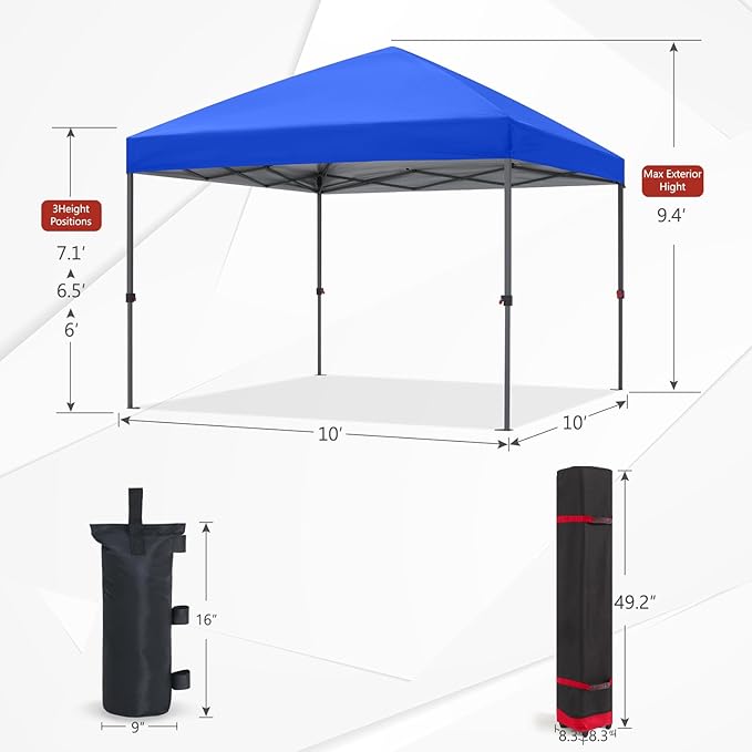 ABCCANOPY 10x10 Pop Up Canopy - Outdoor Patio Portable Canopy Tent Gazebo Heavy Duty for Backyard and Deck with 4 Sandbags and 8 Stakes(Blue, 10x10)