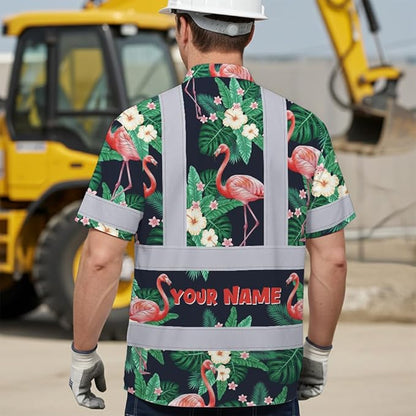 High Visibility Hawaiian Shirt for Men Tropical Shirts Custom Name Floral Outfit Reflective Safety Workwear