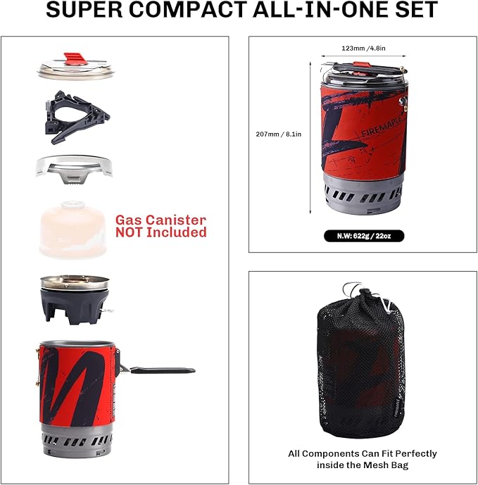 Fire Maple Polaris Cooking System | Portable Camping Backpacking Stove with Micro Regulated Valve | Electric Jet Burner Pot Set | Ideal Camp Water Boiler for Hiking Fishing Trekking Hunting (Black)