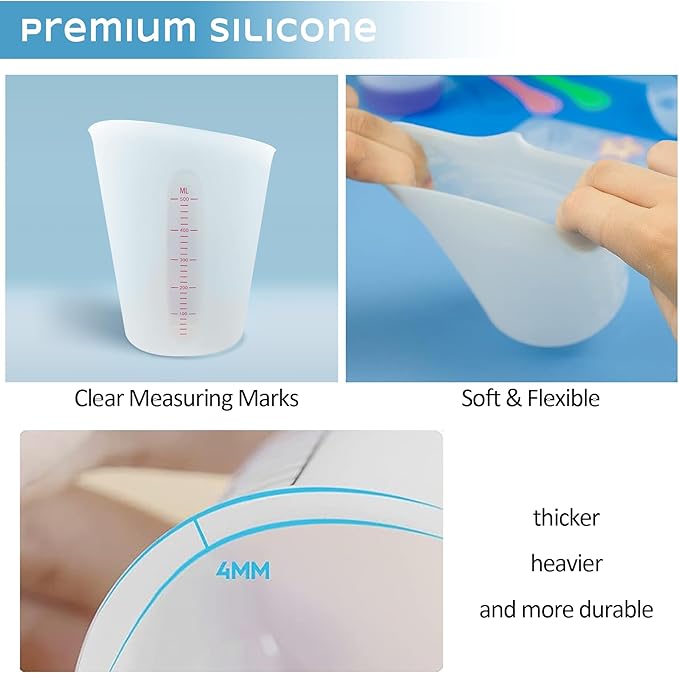 Silicone Measuring Cups, Demorex Silicone Reusable Mixing Pouring Measure Cups, Melt Stir Squeeze & Pour Measuring Cups for Epoxy Resin Casting Moulds Cups 2Pack 500ml(16oz)/250ml(8oz)