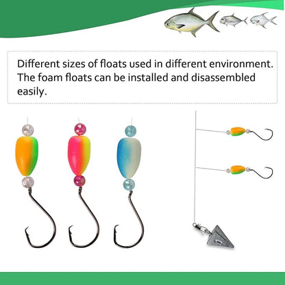 Dovesun 220/104/80/54/42/52pcs Fly Fishing Floats Bobbers Foam Pompano Rigs Surf Fishing Rig Floats Bright Color Round, Bullet, Cylindrical, Spin, Pill with Tackle Box