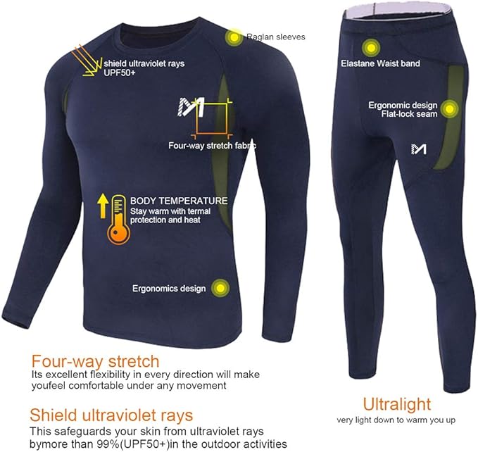 Thermal Underwear for Men, Winter Gear Long Johns Base Layer Top and Bottom Set for Skiing Running