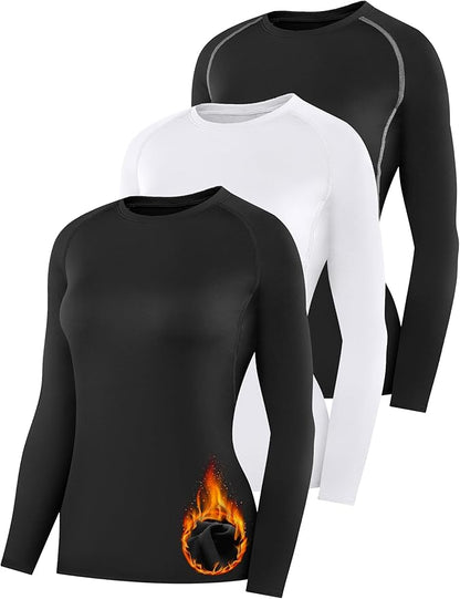 Womens Thermal Compression Long Sleeve Shirts Fleece Lined Tops Crew Neck Slim Fit Base Layer Ladies Underwear