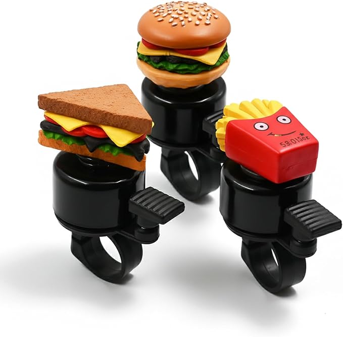 3 Pack Cute Bike Bell, Funny Bicycle Bells for Adults and Kids, Cartoon Hamburger Sandwich Fries Bike Bells for Girls Boys, Loud Cycling Ring Bell for Road Bike Mountain Bike Scooter Accessories