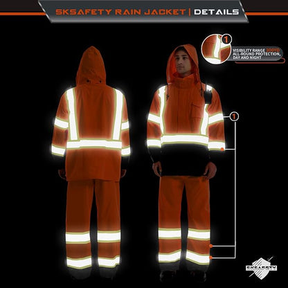 SKSAFETY Hi Vis Reflective Rain suits for Men Waterproof - High Vis Safety Rain Jacket, High Visibility Raincoat for Men