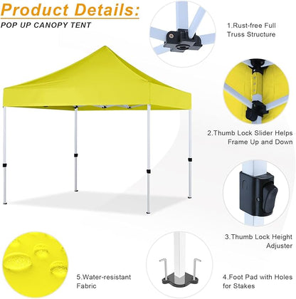 Pop Up Canopy Tent 10x10 for Outdoor Heavy Duty Commercial Instant Sun Shelter,with Wheeled Carry Bags,4Ropes and Stakes and 4 sandbags,Lemon Yellow