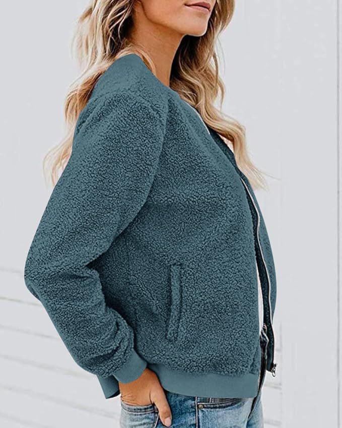 MIROL Women's Fall Trendy Fleece Jacket Faux Sherpa Fuzzy Casual Long Sleeve Zip Up Loose Fit Bomber Winter Coat