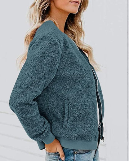 MIROL Women's Fall Trendy Fleece Jacket Faux Sherpa Fuzzy Casual Long Sleeve Zip Up Loose Fit Bomber Winter Coat