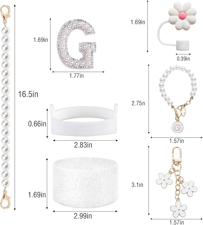 Cup Accessories Set for Stanley- Including Water Bottle Carrying Pearl Strap, Handle Letter Charms Sticker, Siliocne Boot Straw Cover for Stanley 40oz & 30oz Tumbler Accessory Kit G