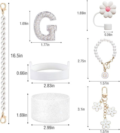 Cup Accessories Set for Stanley- Including Water Bottle Carrying Pearl Strap, Handle Letter Charms Sticker, Siliocne Boot Straw Cover for Stanley 40oz & 30oz Tumbler Accessory Kit G