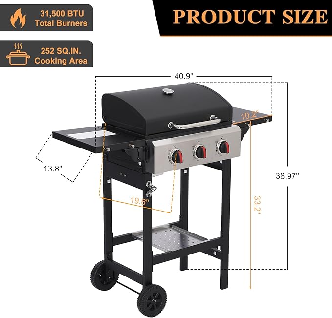 CIG GARDEN 3 Burner Propane Gas Grill, 31,500 BTU Output Outdoor BBQ Grill with Cast Iron Grates and Versatile Grill Pan, Perfect for Outdoor Cooking, Balcony, Backyard, Camping, Barbecue