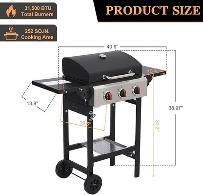 CIG GARDEN 3 Burner Propane Gas Grill, 31,500 BTU Output Outdoor BBQ Grill with Cast Iron Grates and Versatile Grill Pan, Perfect for Outdoor Cooking, Balcony, Backyard, Camping, Barbecue
