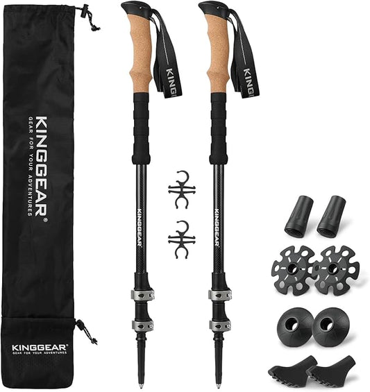 KINGGEAR TPC-3K 100% Carbon Fiber Trekking Poles for Hiking - Ultralight Collapsible Hiking Poles with Cork & EVA Foam Grips, Adjustable Metal Flip Locks, Tungsten Tips - Ideal Hiking