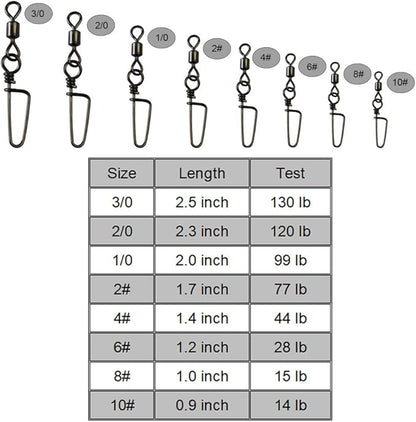 50pcs Fishing Rolling Barrel Swivels with Coast Lock Snap Black Nickel Fishing Swivel Snaps