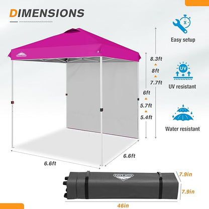 EAGLE PEAK Pop Up Canopy Tent with 1 Sidewall, Easy Setup Event Tent, Outdoor Sun Shade, Wheeled Carry Bag, Stakes and Guy Ropes, Instant Canopy 6.6x6.6, Pink