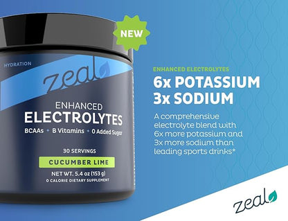 Zeal Electrolyte Powder - 90 Servings | Keto Electrolytes Powder | Zero Sugar, BCAAs, B-Vitamins | Potassium, Zinc, Magnesium | Hydration Powder Recovery Drink | Cucumber Lime