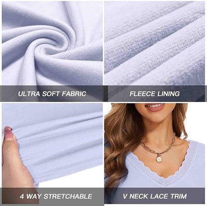 WOWENY Women Thermal Long Sleeve Shirt Fleece Lined Basic Fitted Tops Lace V Neck Undershirts Winter Tight Base Layer