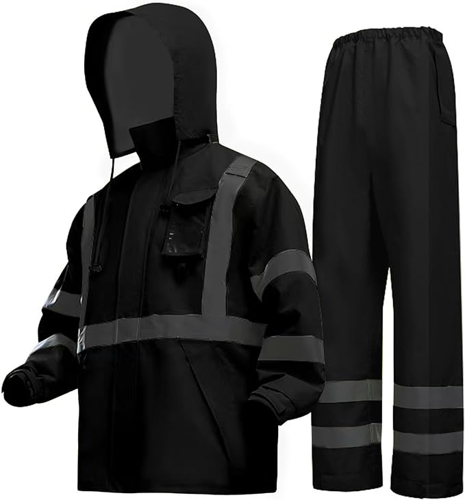 Hi-Vis Reflective Safety Rain Jacket and Pants for Men Women Waterproof Rain Gears with Inner Mesh Lining and pocket，Black 2XL/3XL