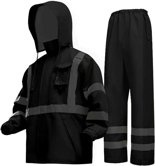 Hi-Vis Reflective Safety Rain Jacket and Pants for Men Women Waterproof Rain Gears with Inner Mesh Lining and pocket，Black 4XL/5XL