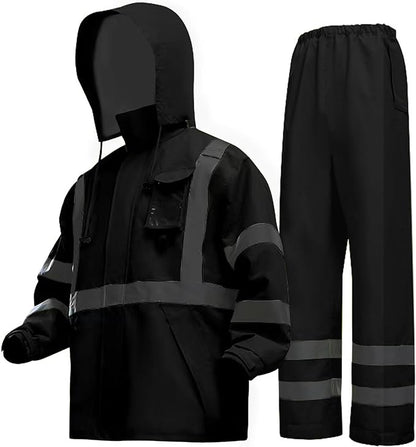 Hi-Vis Reflective Safety Rain Jacket and Pants for Men Women Waterproof Rain Gears with Inner Mesh Lining and pocket，Black S/M