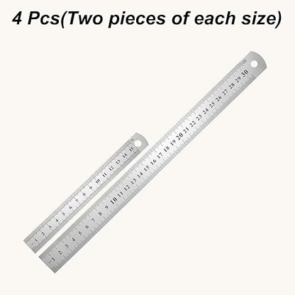 HARFINGTON 4 Pcs Steel Ruler 6"/12" Machinist Metal Ruler Carbon Steel Metric Straight Edge Measuring Tools 0.3mm Thick for Engineering Architect Drawing Home Office