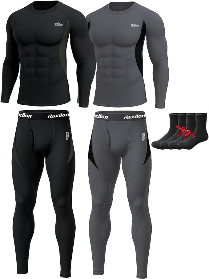 2 Pack Thermal Underwear Long Johns for Men Fleece Lined Base Layer Tops and Bottoms Set Cold Weather Winter Gear