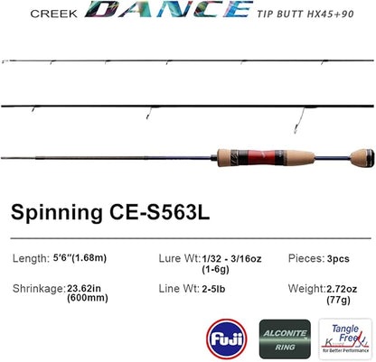 PURELURE Creek Dance Travel Ultralight Fishing Rods Spinning 2/3/4 Piece Portable BFS Casting Rod Solid Tip TORAY Carbon Fiber, Full Fuji Alconite Guides, Red Willow Wood Reel Seat AAA Cork Handle