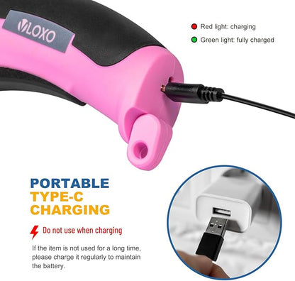 VLOXO Cordless Electric Scissors, Cardboard Cutter with Safety Lock 4.2V Electric Mini Cutter Power Rotary Scissors for Leather Felt Rug Box with Storage Box Pink