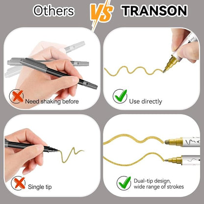 TRANSON 2 Gold, 2 Silver, 2 Black and 2 White Paint Markers Bold and Fine Dual-tip Acrylic Paint Marker Set for Rock Painting Glass Canvas Wood Leather Ceramic Painting