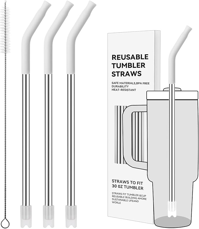 Reusable Metal Straws with Silicone Tip for Stanley 30oz,Stainless Steel Drinking Straws for 30oz Tumbler,3 Straight Tubes & 6 Tips& 1 Cleanr Brush (White)