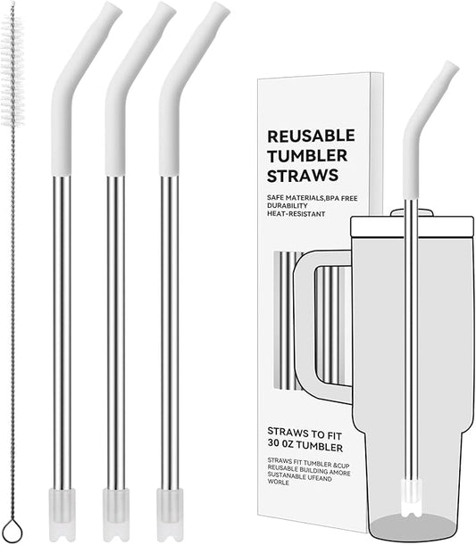 Reusable Metal Straws with Silicone Tip for Stanley 30oz,Stainless Steel Drinking Straws for 30oz Tumbler,3 Straight Tubes & 6 Tips& 1 Cleanr Brush (White)