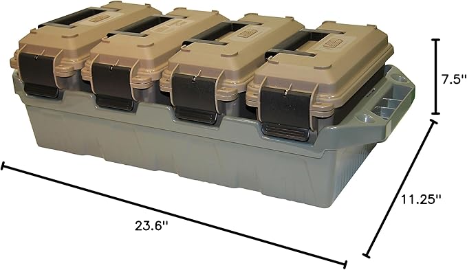 MTM AC4C 4- can Ammo Crate, Convenient size, Stackable, easy carry and transport of 30 caliber ammo, Rugged tactical carrying crate, USA Made, 23.6"L x 11.25"W x 7.5"H, Brown