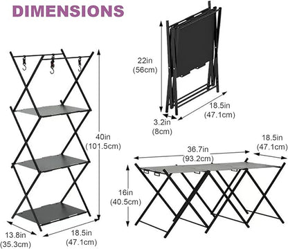 Folding Camping Table & Shelf, 2-in-1 Portable Aluminum Picnic Table and 3-Tier Storage Rack, Lightweight Low Table with Carrying Bag for Outdoor, Beach, Picnic, BBQ and Party