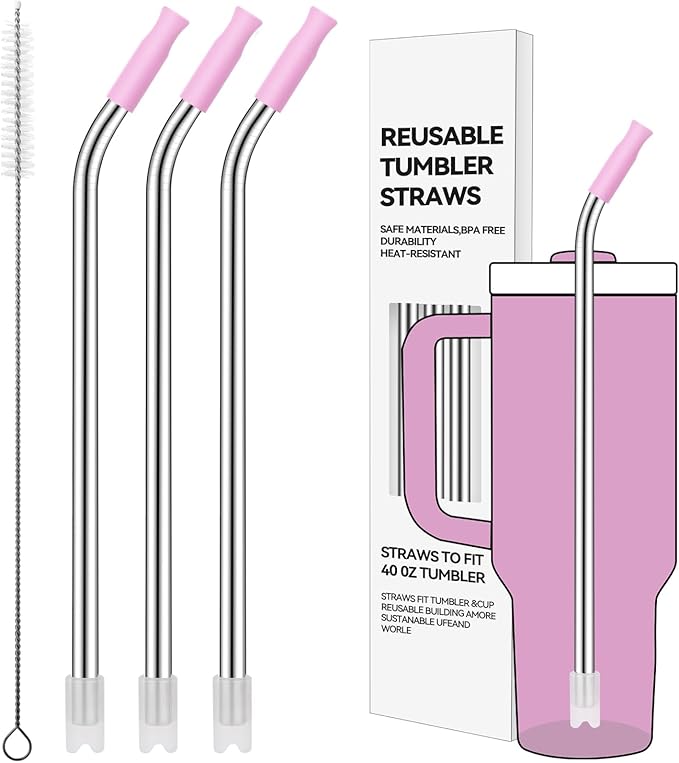 Reusable Stainless Steel Straws with Silicone Tip for Stanley 40oz, Metal Drinking Straws for 40oz Tumbler,3 Bent Tubes & 6 Tips& 1 Cleanr Brush (Lilac)